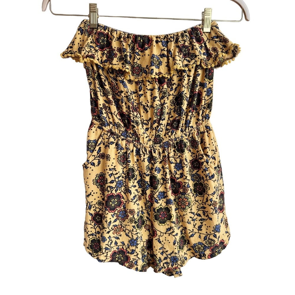 Love by Chelsea Floral Off Shoulder Romper Mustard Boho Rayon Pockets Size M